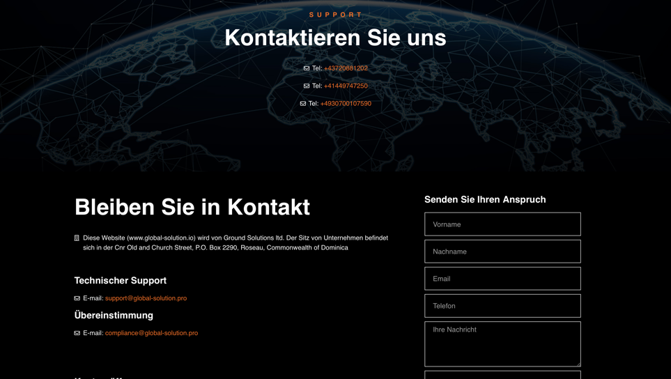 Der Kundensupport und Kontaktformular von Global Solution. 