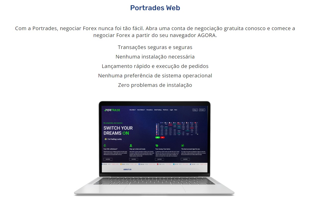 Notebook mostrando a plataforma portrades web, onde é possível negociar pela internet.